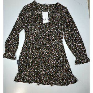 ZARA Floral Printed Peplum Top Sz S Black Red Ruffle Long Sleeves